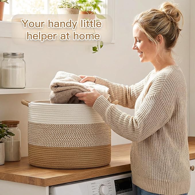 Artfeel 70L Large Cotton Rope Basket, Decorative Woven Blanket Storage for Living Room, Boho Toy Storage & Toy Box for Kids, Versatile Laundry Basket & Nursery Hamper for Blankets(Brown)