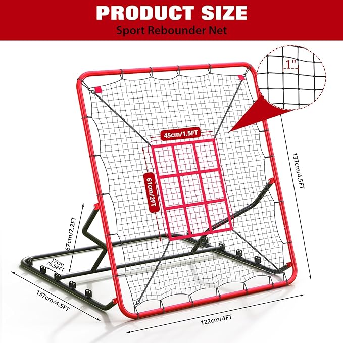Baseball Rebounder Net 4x4.5Ft, 5 Adjustable Angles Pitching & Batting Trainer, Heavy Duty UV-Resistant Bounce Back Net, Solo Fielding Trainer for Baseball Softball Hitting, Durable Net for Outdoor Pr