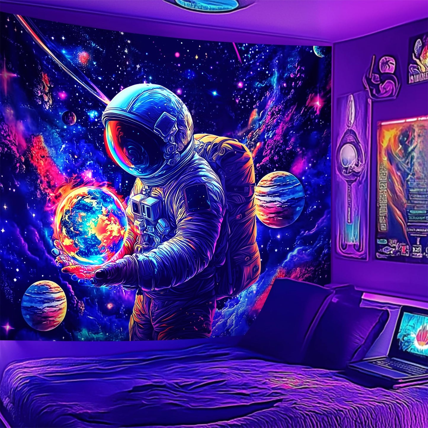 NYZE Astronaut Space Tapestry for Bedroom, Glow in the Dark Room Decor Wall Tapestries, Cool Galaxy Planet Wall Hanging, Wall Hanging for Men Guys Gamer Room Dorm Living Room 59in×51in