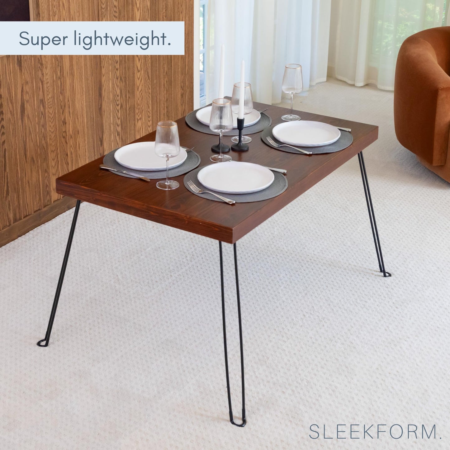 Sleekform Wooden Folding Dining Table for 4 - with Collapsible Hairpin Legs - 4 ft Portable Small Foldable Dining Room Table for Farmhouse Kitchen and Small Spaces - Walnut