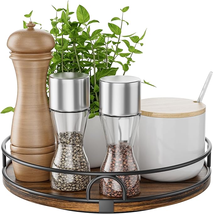 LAMU 9'' Lazy Susan Organizer for Table Top,Wooden Lazy Susan Turntable for Cabinet,Kitchen,Spice Organization,Bathroom Vanity,Rotating Pantry Storage for Table Decor