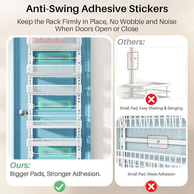 8 Tiers Over the Door Organizer - Height Adjustable Pantry Organizers and Storage with Dense Mesh Baskets, Anti-Swing Hanging Door Spice Rack for Kitchen Bathroom (White, 12.3"W x 4.7"D x 69"H)