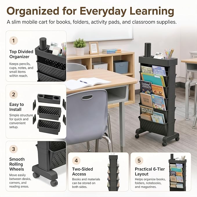 6-Tier Bookshelf, Book Storage Organization with Wheels Mobile Rolling Bookshelves Cart for Home Office Kids’ Study Room School, Black