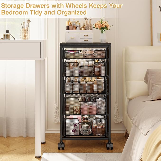 Sbanmao Utility Cart with 5 Drawers, Rolling Storage Cart with Wooden Tabletop and Lockable Wheels, Storage Drawer Cart with Drawers, Craft Cart for Bedroom, Classroom, Home, Office,Black