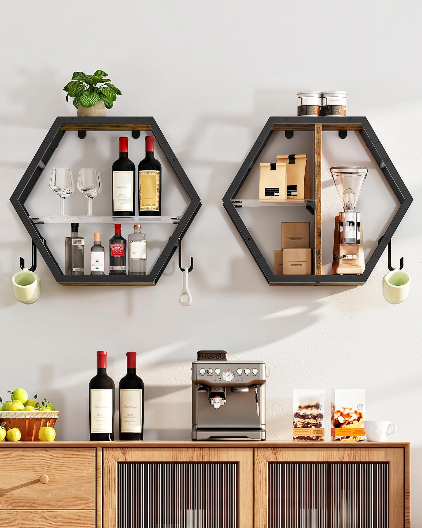 CHOEZON Hexagon Floating Shelves Set of 2, 18.9" Glass Hanging Shelves for Wall Decor, Wall Storage Rack and 12 S-Hooks, for Living Room, Bedroom, Office, Game Center, Rustic Brown TBJ08BF
