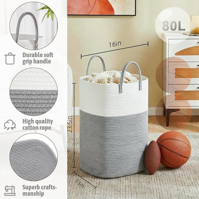 Artfeel Laundry Basket,Woven Cotton Rope Laundry Hamper,60L Versatile Storage for Dirty Clothes,Baby Toys,and Blankets in Bathroom, Nursery,and Living Room