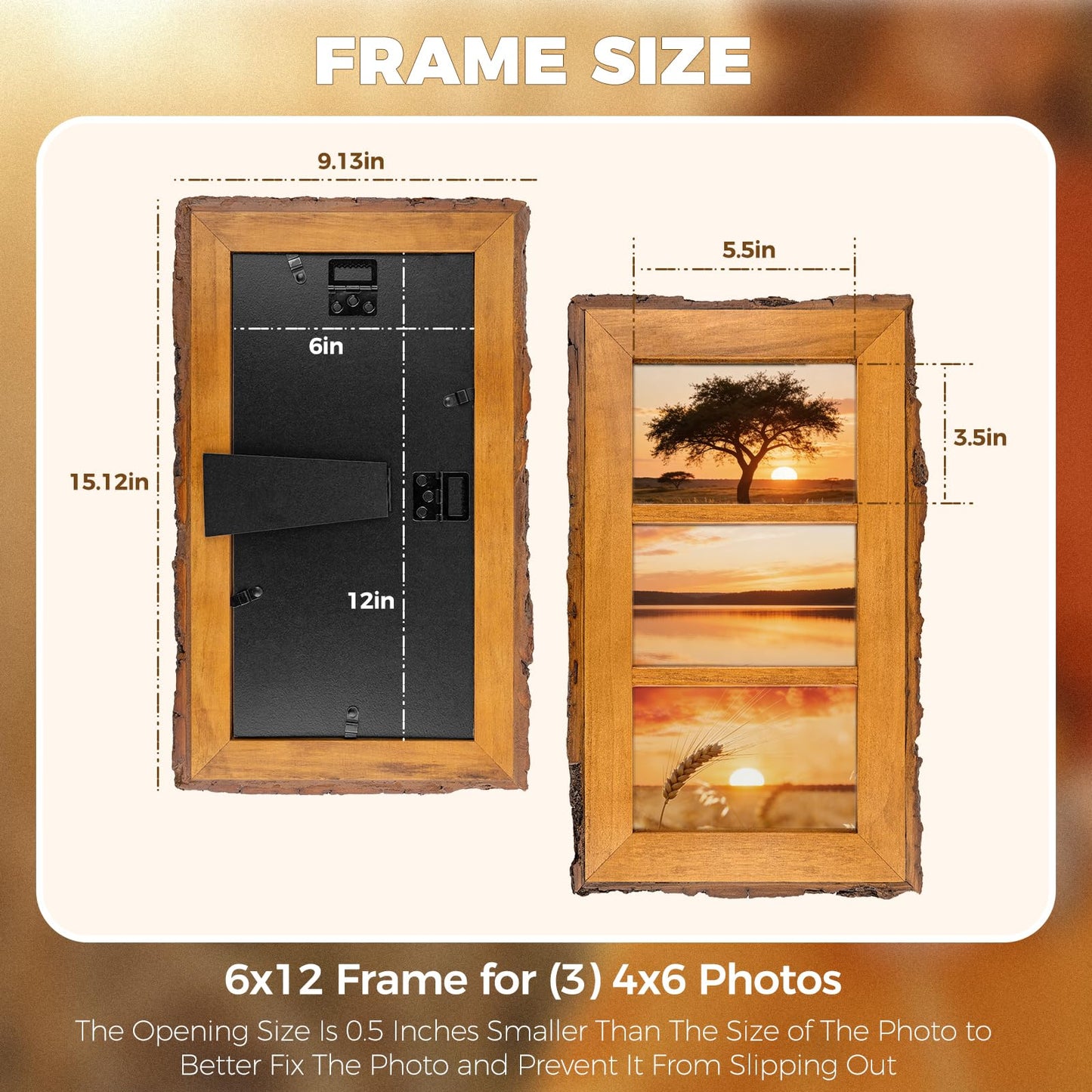 Golden State Art, 4x6 Collage Picture Frame - Solid Wood with Real Glass - Multi Picture Frame for (3) 4x6 Photos - Natural Bark Edges Design - Farmhouse Collage Wall Decor - Rustic Brown