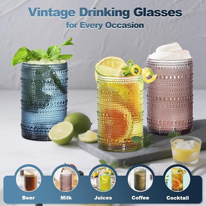 15oz Colored Hobnail Drinking Glasses, Vintage Glasses Drinking Set of 6, Embossed Beaded Glass Cups for Kitchen, Beer, Juice, Cocktail, Whiskey, Milk