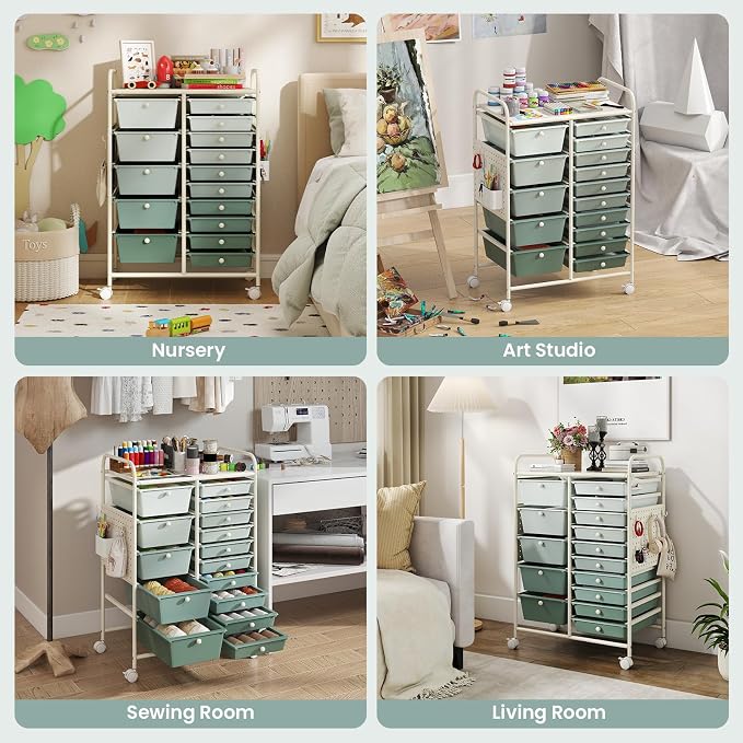 Giantex 15 Drawer Storage Cart, Rolling Craft Cart with Metal Tabletop & Pegboard, Mobile Utility Organizer Trolley with Locking Wheels, Home Office, Green Gradient