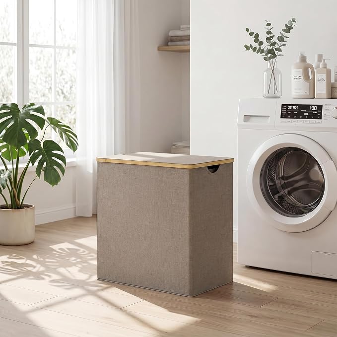 efluky Laundry Hamper with Lid, Double Laundry Basket with 2 Removable Bags, 2 Section Laundry Bin with Bamboo Handles for Bathroom, Bedroom & Laundry Room, 140L (36.9 Gallon) Brown