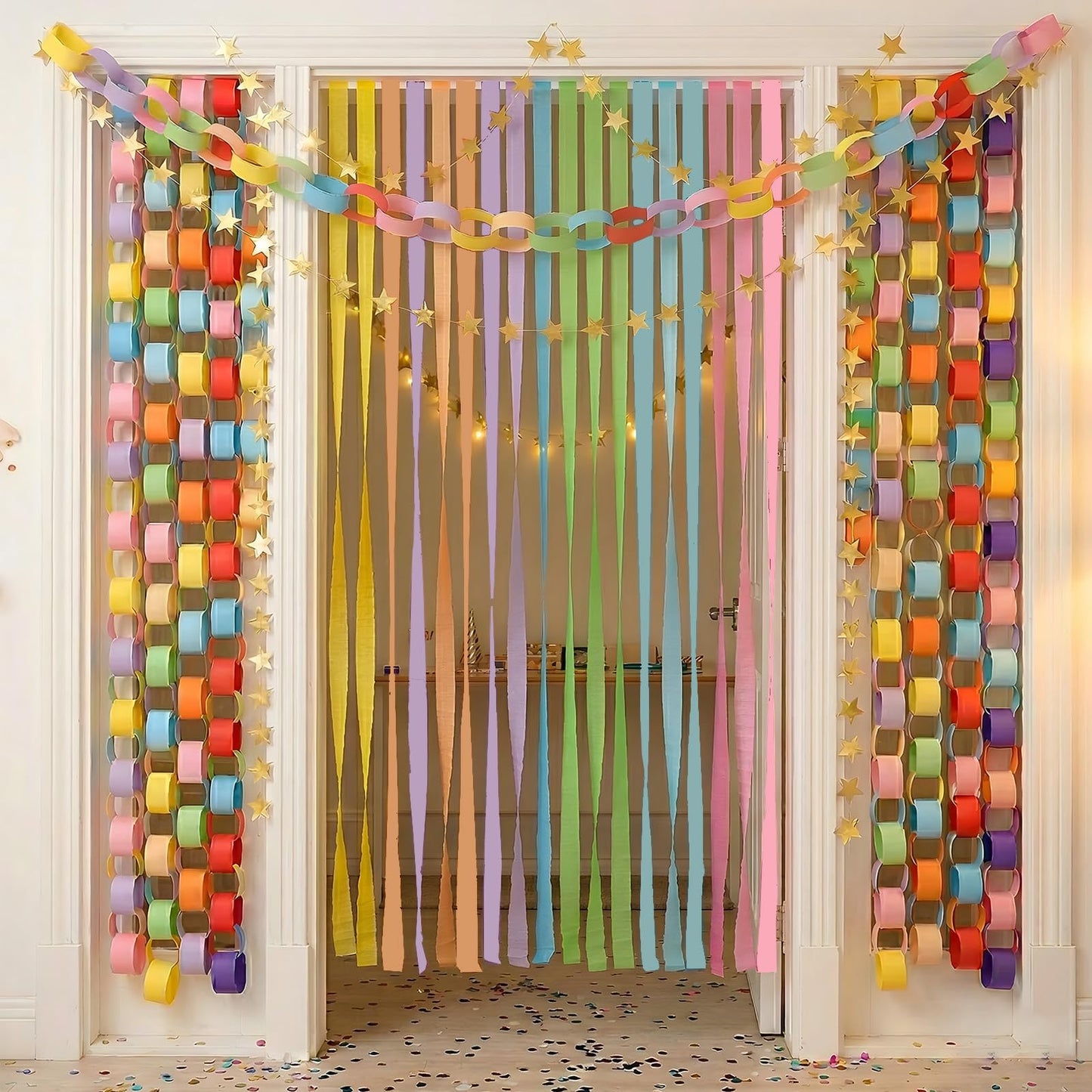 Yquqwn Pastel Paper Chain Garland Kit - 492ft Crepe Paper Streamers & 300 Sheets Paper Strips for Chains - 26ft Double-Sided Gold Star Garland for Birthday, Wedding, Macaron Party Decorations