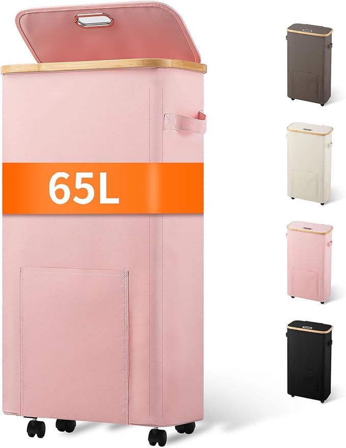 Vincona Laundry Basket with Wheels, Tall Dirty Clothes Hamper on Wheels, Rolling Laundry Hamper with lid for Dorm, Bedroom and Bathroom