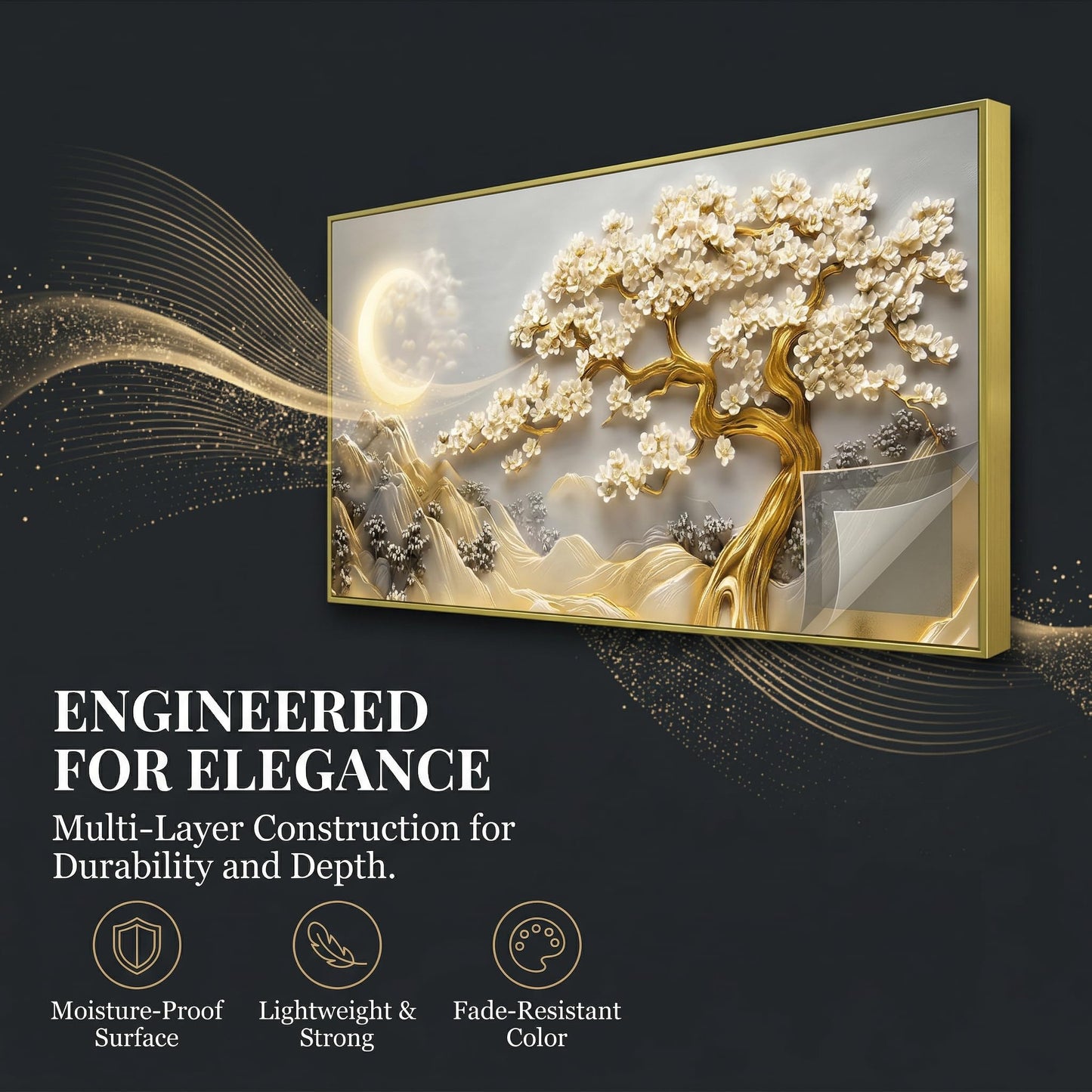 BirdSuite Gold Framed Lucky Tree Wall Art, Framed Canvas Print with Golden Tree & Moon Landscape, Ready to Hang Wall Decor for Living Room Bedroom Office Dining Room Entryway 48x24 inchs