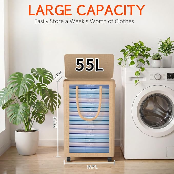 Slim Laundry Hamper with Wheels,15 Gal (55L) Rolling Laundry Basket with lid and wheels Clothes Hamper Foldable Tall Dirty Clothes Basket Sturdy Collapsible Clothes Hamper for Dorm,Laundry Room