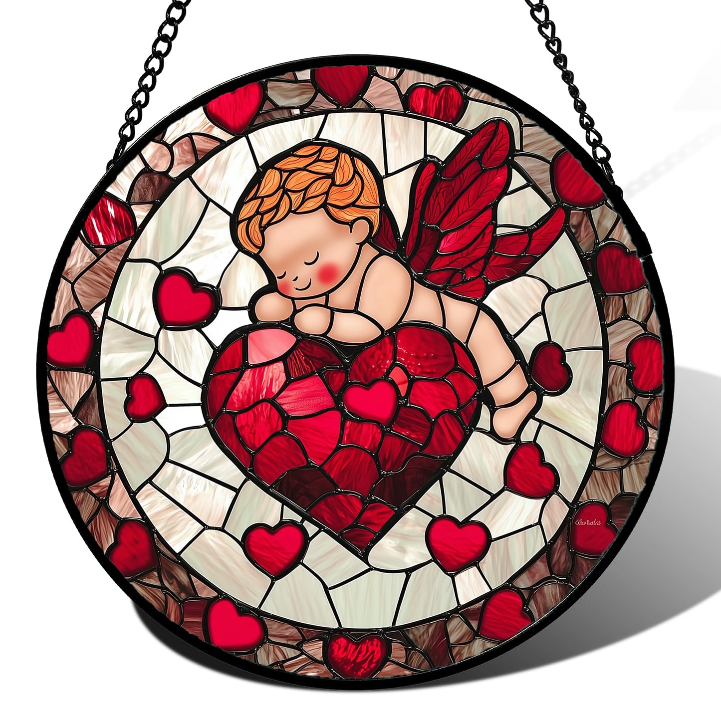 AMDERVEN Stained Glass Window Hanging - Red Love Angel Sun Catcher for Door Garden Home Decor Cute Suncatcher Christmas Mother's Day Birthday for Women Men Mom Nana 6.3 in