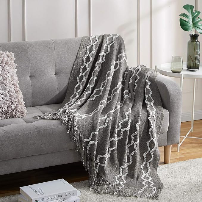 BOURINA Fluffy Chenille Knitted Fringe Throw Blanket Lightweight Soft Cozy for Bed Sofa Chair Throw Blankets, Grey 50" x 60"