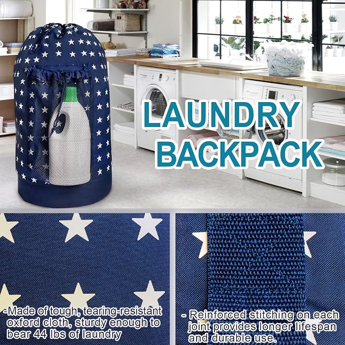Dalykate Backpack Laundry Bag, Laundry Backpack with Shoulder Straps and Mesh Pocket Durable Nylon Clothes Hamper Bag with Drawstring Closure for College, Travel, Laundromat, Apartment