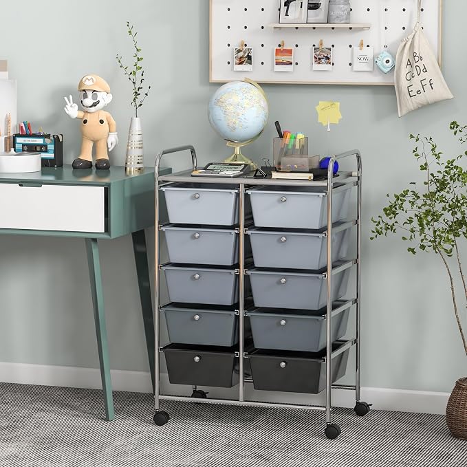 Giantex 10 Drawers Rolling Cart, Classroom Organizers, Storage Cart with Wheels, for Teacher Office Home School Supplies Tool Craft Art Paper, Black Gradient