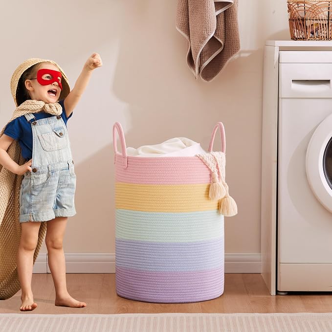 60L Laundry Hamper Basket for Baby Girls and Kids, Pastel Rainbow Unicorn Design, Woven Rope Nursery Basket for Blankets Toys in Playroom, 15Dx20H Inches Large Bedroom Hamper for Clothes