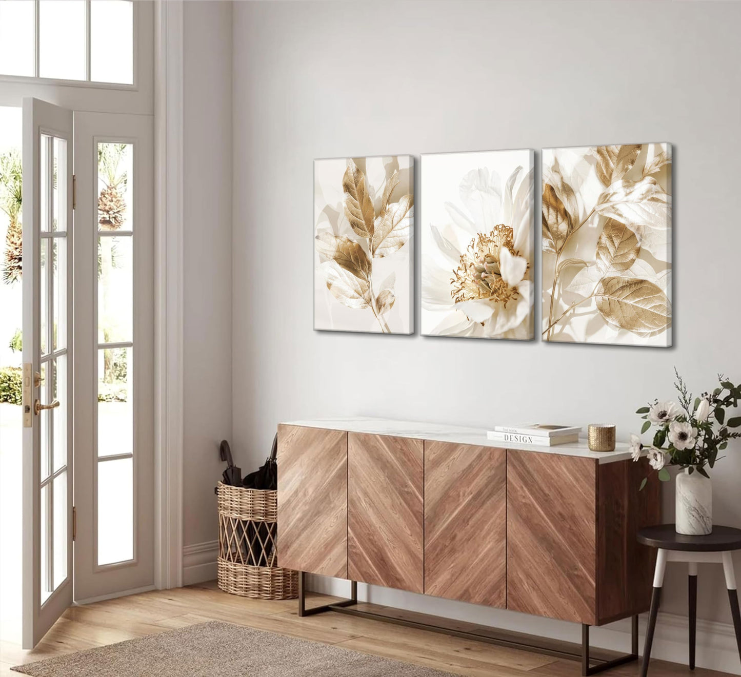 3 Pcs Modern White Floral Golden Leaves Canvas Wall Art Neutral Boho Beige Botanical Painting Pictures Nordic Wall Decor Posters Print Artwork for Bedroom Living room Office Home Decoration