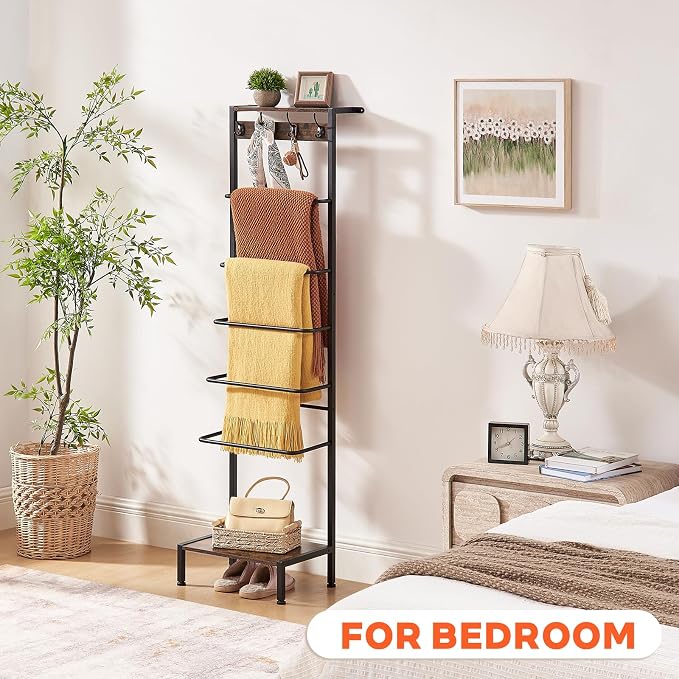 DGWJSU 7 Tier Blanket Ladder for The Living Room and Bedroom, 5.12 Ft Farmhouse Ladder Shelf with 2-Tier Storage Rack, Decorative Ladder with 4 Coat Hooks, Blanket Rack,Ladder Shelves