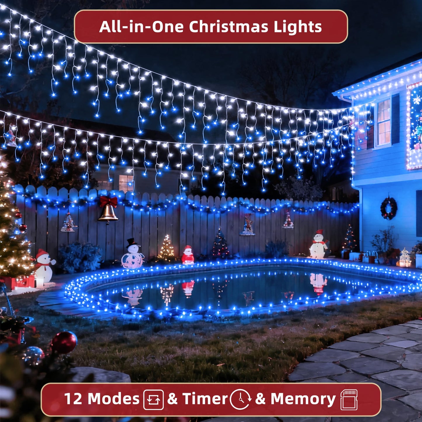 612 LED 60ft Christmas Lights with 136 Drops, 12 Lighting Modes Blue & White Christmas Decoration Twinkling Lights Dimmable, Timer Outdoor Waterproof Fairy Lights for Indoor Garden House Eaves Roof