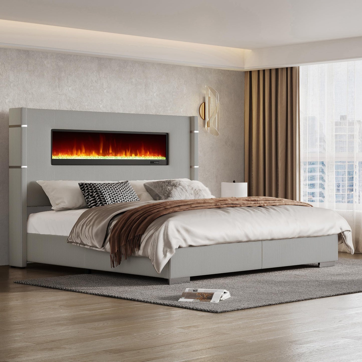 AMERLIFE Modern King Size Bed Frame with Fireplace, Corduroy Upholstered Bed Frame with 60.4“ Extra Tall Headboard, Wingback Platform Bed Frame Wooden Slats/No Box Spring Needed, Greige