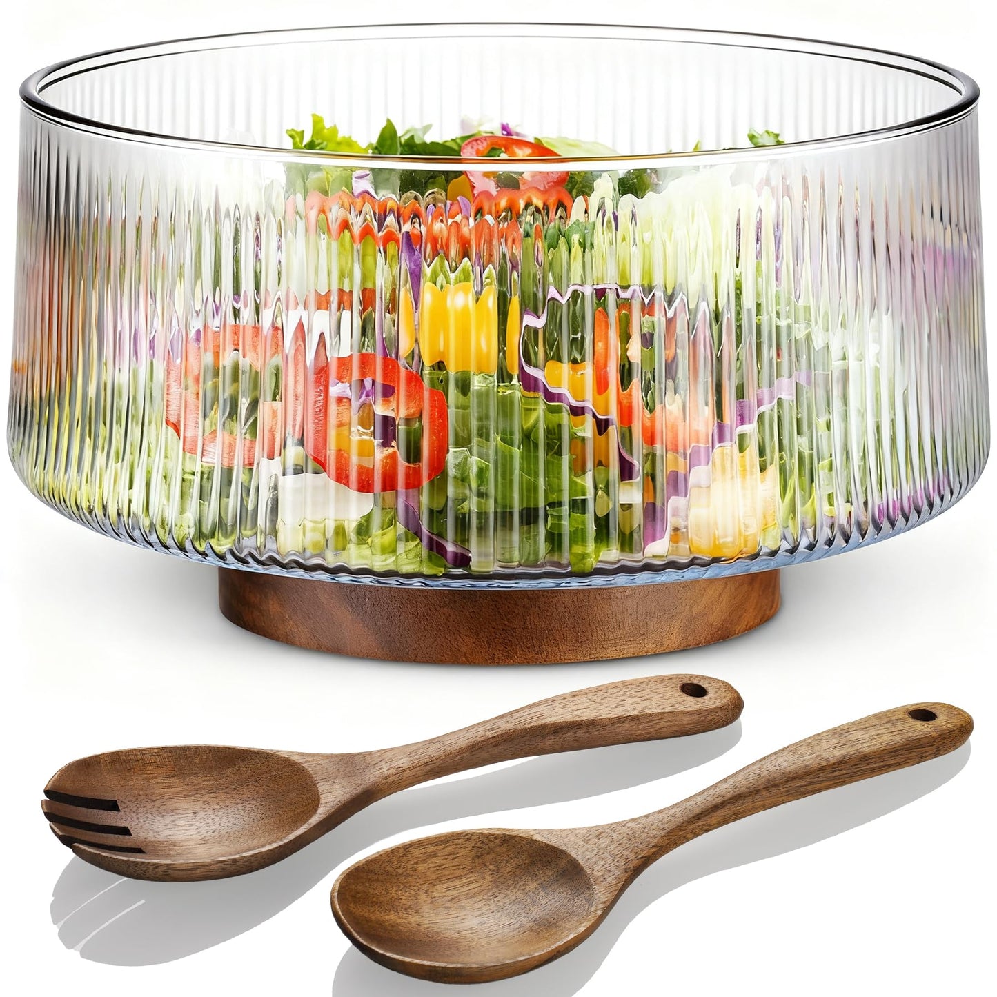 NiHome Extra Large Glass Salad Bowl with Natural Acacia Wood Base & Wooden Serving Utensils for Family Dinners, Parties, Gatherings, Multipurpose Oversized Glass Bowl for Salads(Separate-Piece Design)