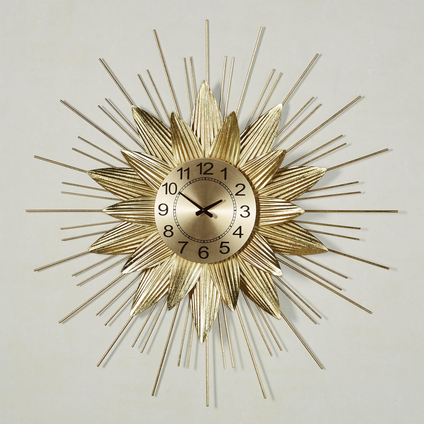 Radiant Burst Multi-Layered Wall Clock | Metallic Gold Foil Finish | Center Quartz Movement Wall Clock with Bold Numerals | Radiating Abstract Sunburst or Flower-Like Shape With Layered Rods & Petals