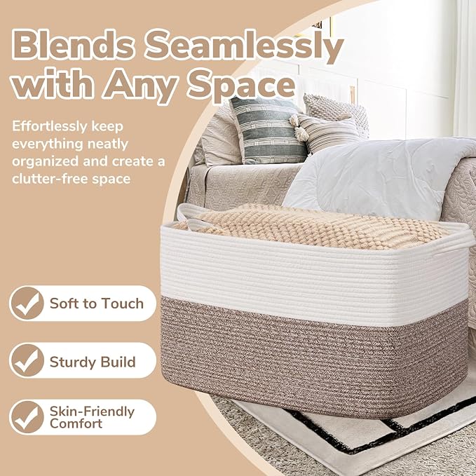 Goodpick 85L Large Woven Basket 23.6" x 15.7" x 13.8" Cotton Rope Storage Organizer for Blankets Dirty Clothes, Rectangle Toy Storage Basket for Nursery Home Decor, Brown