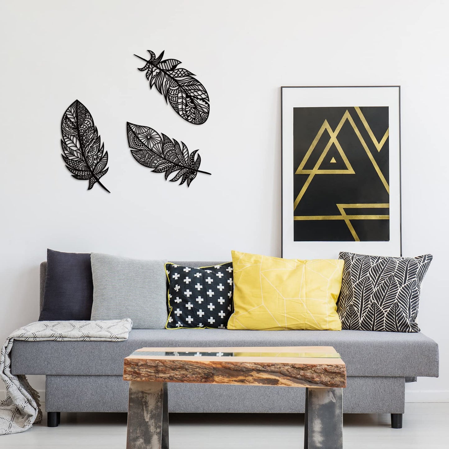 Yookeer 3 Pieces Feather Art Wall Boho Wooden Laser Cut Hanging Wall Decors Boho Wood Art Large Rustic Feather Decors Modern and Elegant Decoration for Home Kitchen(Black)
