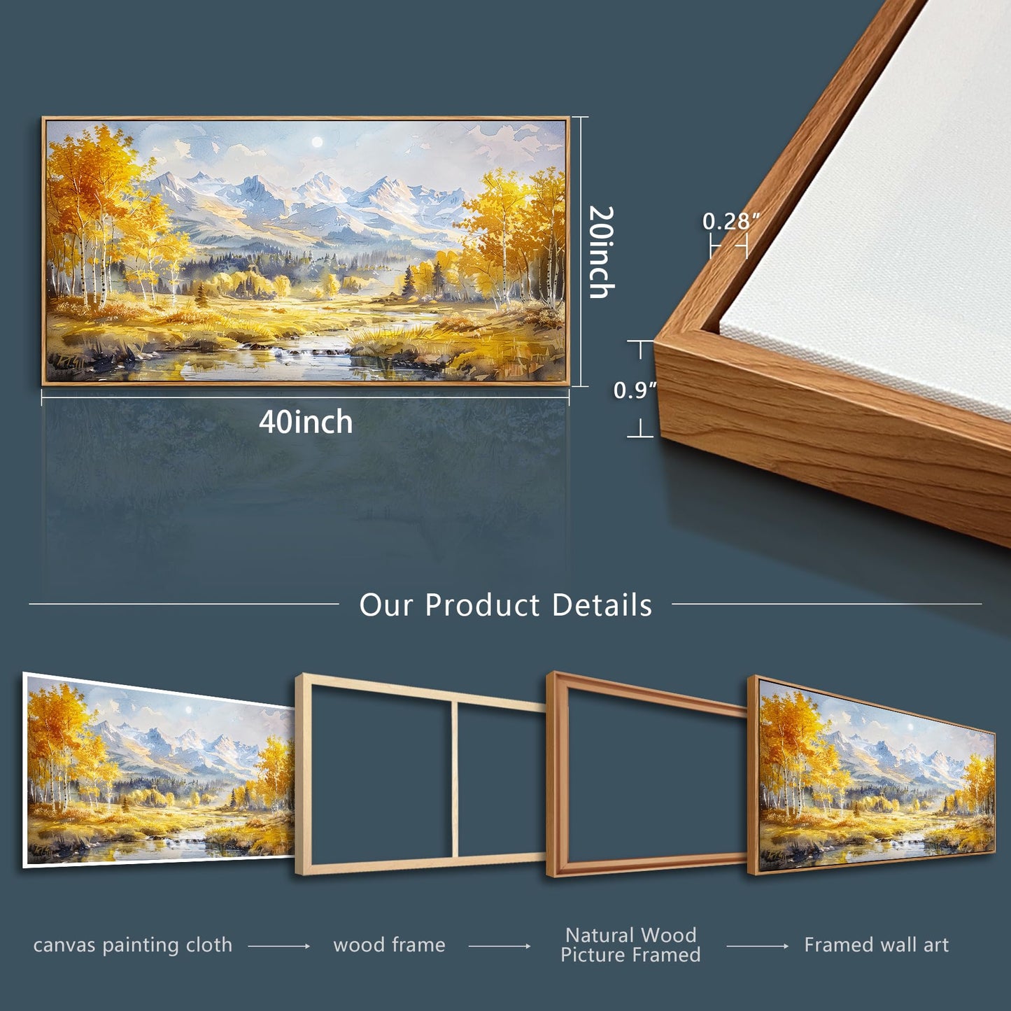 ZUITINGHUA Wood Framed Canvas Wall Art For Living Room Wall Decor For Bedroom Office Wall Decorations Yellow Tree Landscape Paintings Mountain Pictures Artwork Room Aesthetic Home Decor 20x40 In