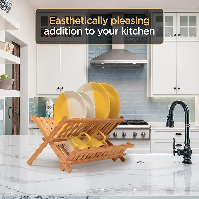 Bambüsi Dish Drying Rack - Collapsible Bamboo 2 Tier Foldable Wooden Dish Drainer for Countertop, Plates Cups Bowls Utensils - Eco Friendly Folding Bamboo Dish Rack for Kitchen Apartment RV Home Small