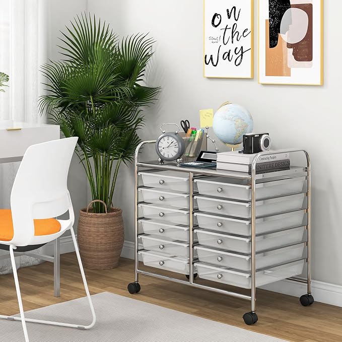 Giantex 12 Drawers Rolling Cart, Mobile Storage Drawer Cart, Classroom Organizer Cart for Office School Supplies Tools Scrapbook Paper Craft Small Printer, Utility Cart on Wheels, Clear