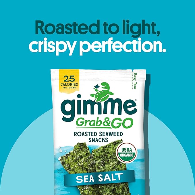 Gimme Seaweed Grab & Go Organic Premium Roasted Seaweed Snacks, Sea Salt, 18 Count Trayless, Keto, Vegan, Gluten-Free, Great Source of Omega3s and Iodine, Healthy On-The-Go Snack for Kids and Adults