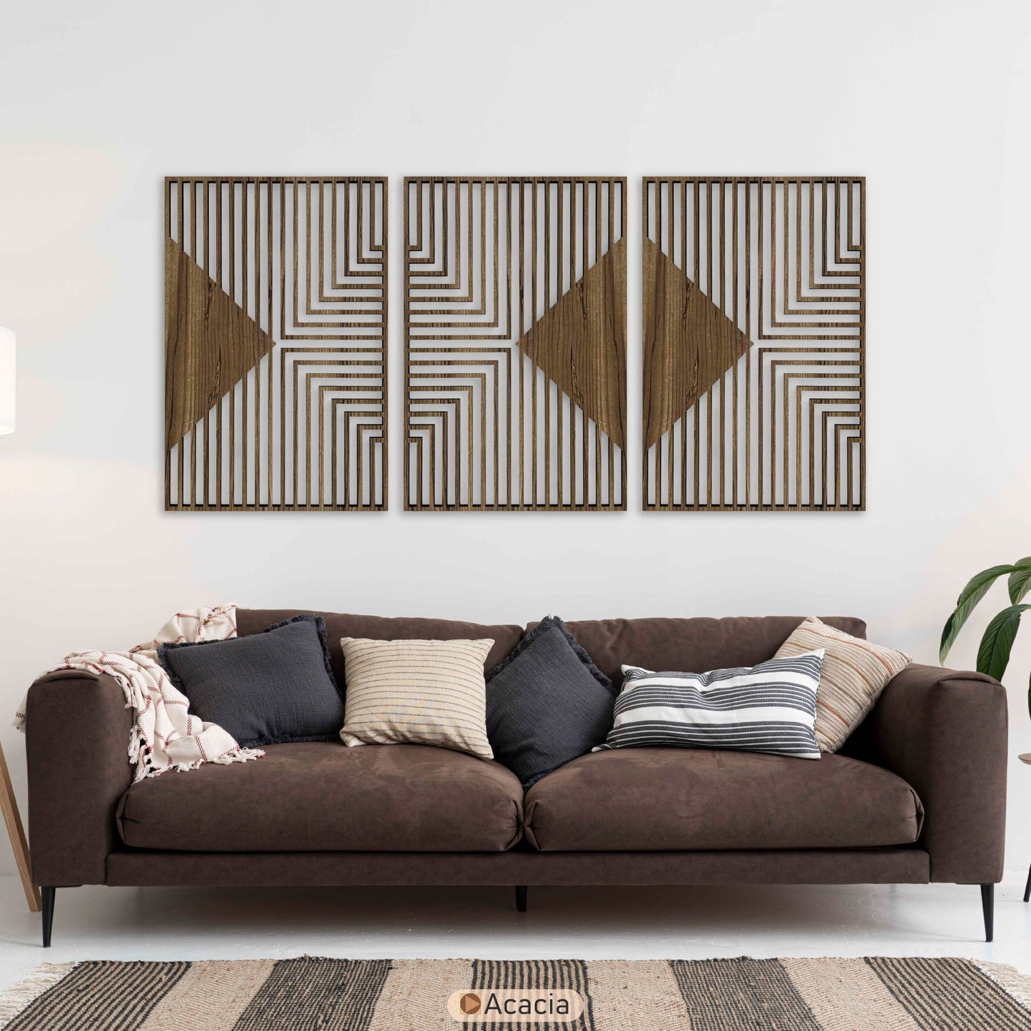 Diamond Wood Wall Art Triptych, Art Deco Inspired Geometric Wooden Panels, Mid Century Modern Minimalist Decor, Large Housewarming Gift for Living Room and Bedroom