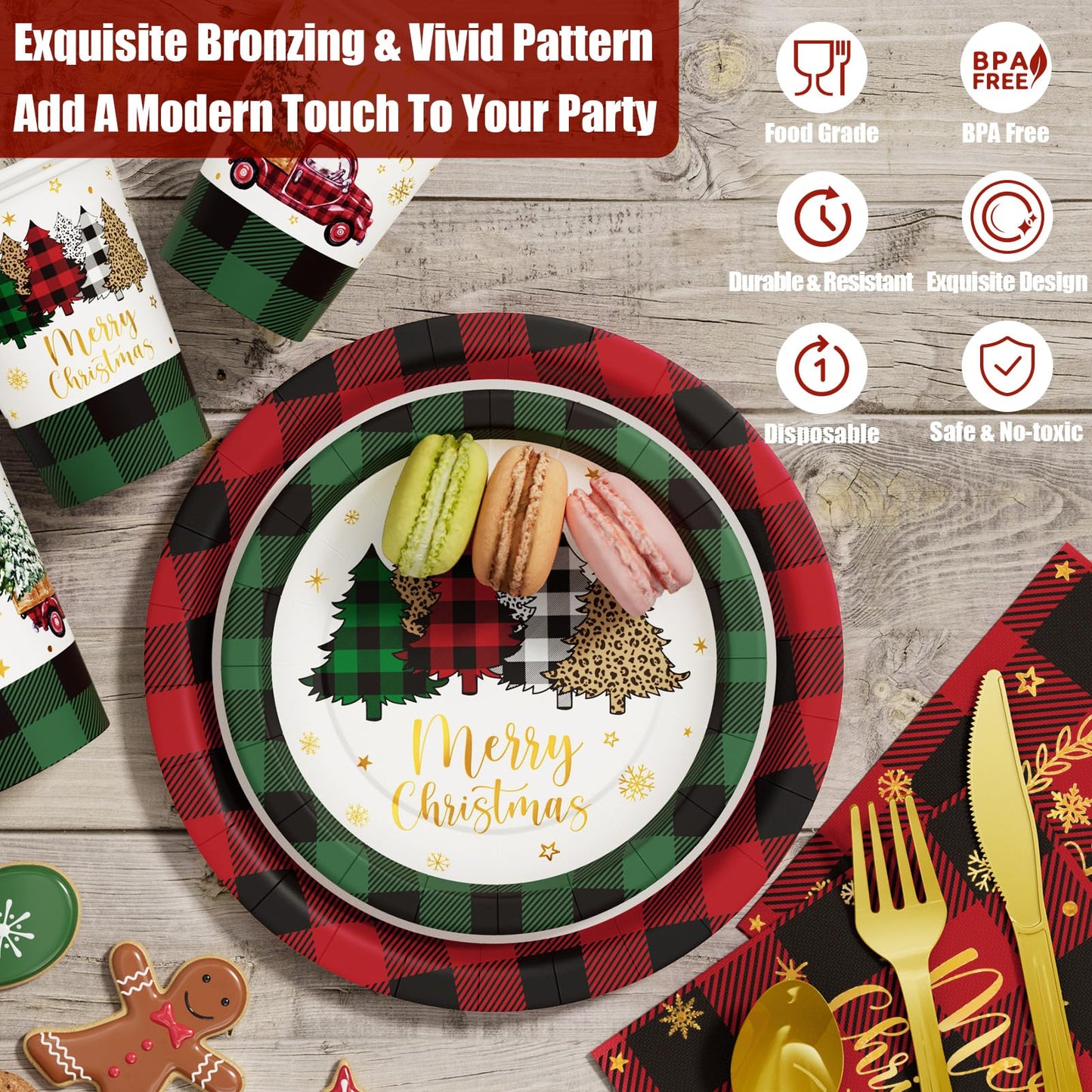 Christmas Party Decorations Supplies - 175 PCS Christmas Xmas Disposable Dinnerware Set(25 Guest) with Buffalo Plaid Truck Tree Paper Plates Napkin Cup Plastic Fork Knives Spoon for Holiday Decor