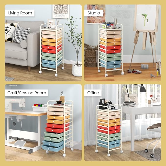 COSTWAY 10-Drawer Rolling Storage Cart, Utility Mobile Trolley with Removable Drawers & Universal Casters & 2 Brakes, Versatile Flexible Drawer Organizer Cart for Home, Office, Macaron