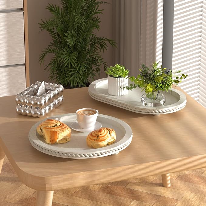 Urban Deco Wooden Tiered Tray, Oval and Round Tray Set of 2, Farmhouse Vintage Decorative Tray Stand for Coffee Table, White Serving Tray for Living Room Kitchen Home Decor - 1 Set