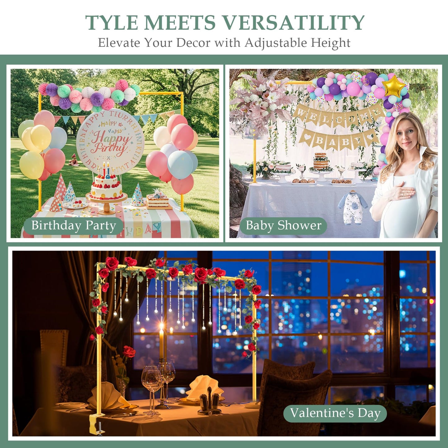 WellSign Over The Table Rod Stand with Clamps 31"-110" Length 31"-64" Height Adjustable Metal Table Hanging Decor Rod with Storage Bag for Gender Reveal Ceremony Party, Gold Table Balloon Arch Stand