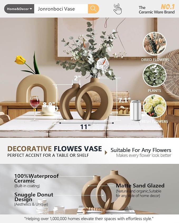 Set of 2 Brown Ceramic Vases for Home Decor Accents - Unique Hollow Donut Artistic Design Rustic Farmhouse Style Decorative Vases for Shelf, Mantel, Entryway Table Decor (Matte Brown)
