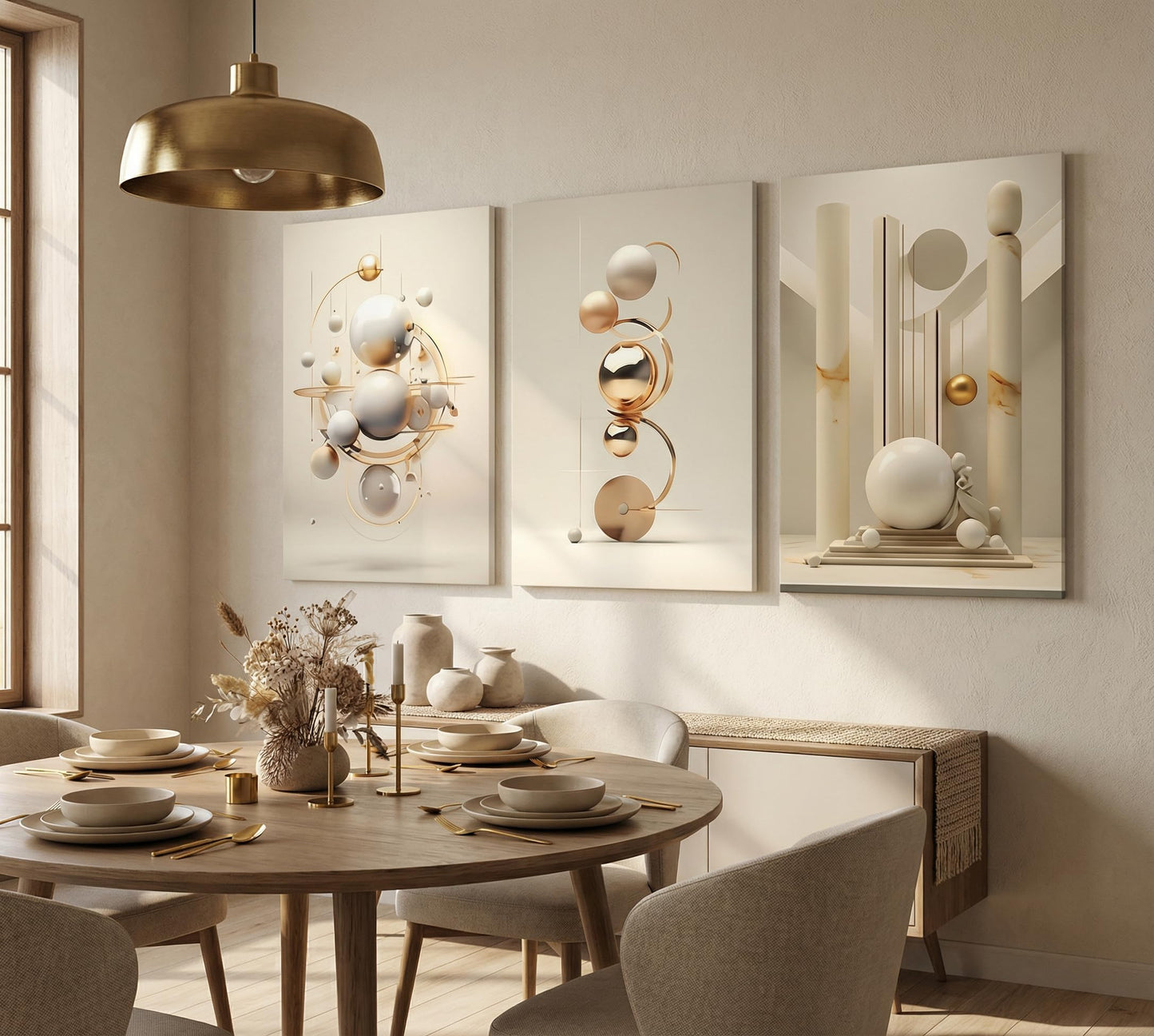 3pcs Modern Three-Dimensional Geometric Spheres Canvas Wall Art Abstract Luxury Beige Gold Wall Decor Pictures Minimalist Medieval Posters Prints for Bedroom Living Room Office Scene Home Decoration