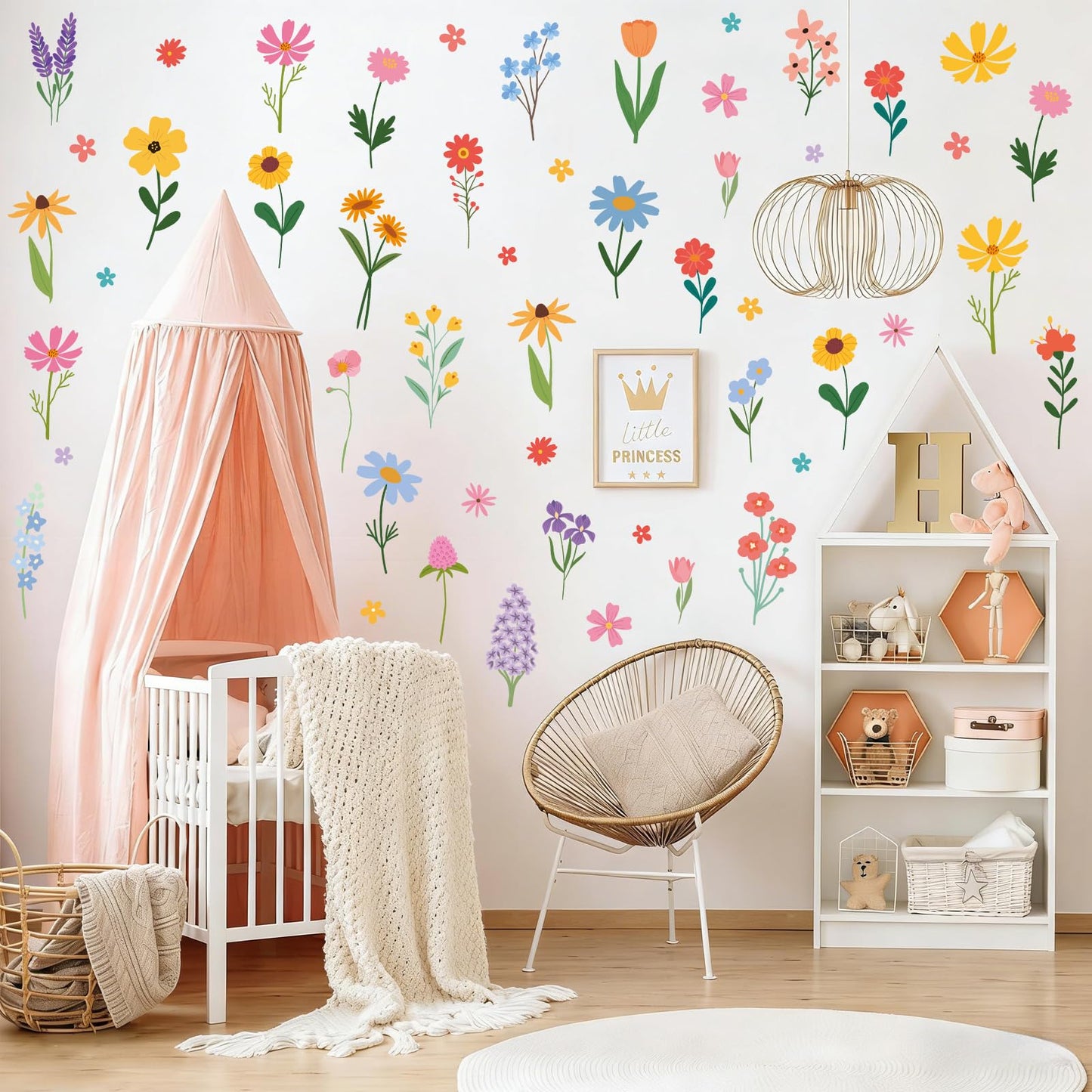 Spring Flower Wall Stickers, 8 Sheets Wildflower Wall Decals Peel and Stick Floral Wall Decor for Girls Bedroom Nursery Spring Room Decorations 90 Pcs
