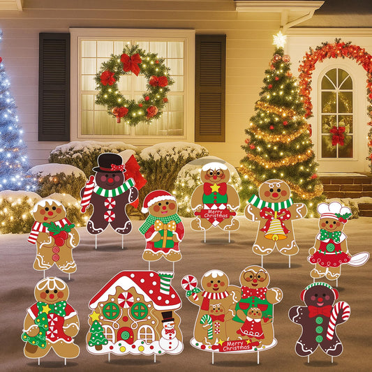 10 Pack Gingerbread Christmas Decorations, Christmas Gingerbread Man Yard Signs - Outdoor Lawn Decorations with Stakes, Holiday Pathway Markers for Garden, Patio, Xmas Party Decor