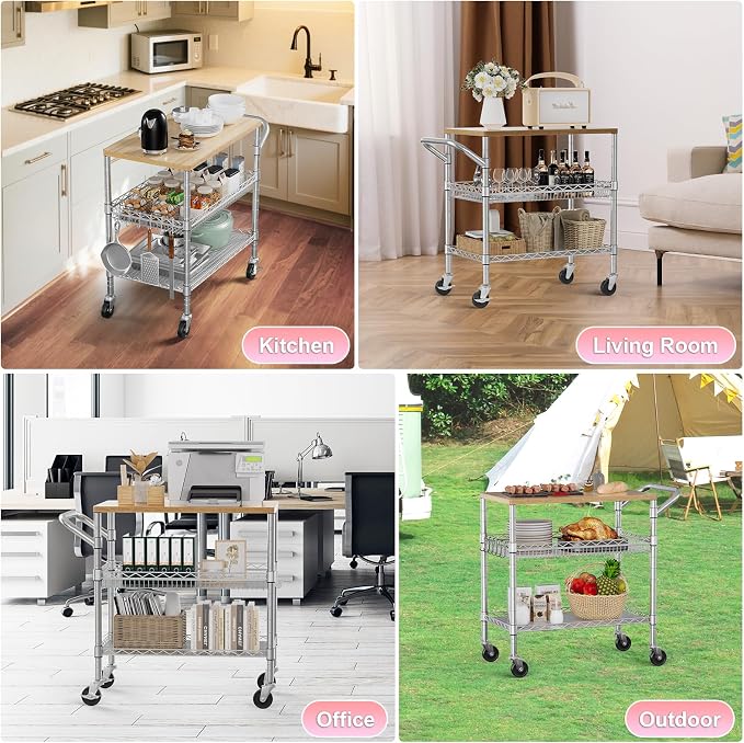 WDT 3 Tier Rolling Kitchen Carts with Wheels, Heavy Duty Rolling Utility Cart with Wood Tabletop, Commercial Grade Metal Cart with Handle and Hooks, NSF Storage Serving Island Carts, Light Wood+Metal