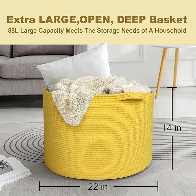 MEGASKET Extra Large Yellow Basket, 22” X 22” X 14” Cotton Rope Yellow Decor for Living Room Bedroom, Woven Basket for Blanket, Laundry, Towel, Shoe, Baby Nursery Toy Organizer, Room Decor Storage Bin