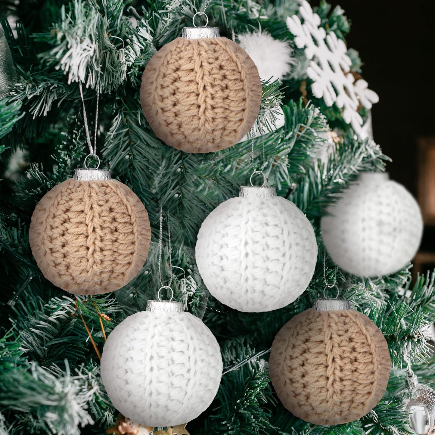 Vercraft 6 Pcs 2.75 Inch Crochet Christmas Ornaments Balls Christmas Knitted Ornaments Neutral Hanging Decoration Handmade Crochet Decoration for Xmas Tree Rustic Neutral Xmas Decor(Beige)
