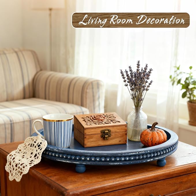 Handmade 12 Inch Decorative Tray, Small Beaded Tray Coffee Table Decor, Blue Decorative Display Risers for Coffee Table, Dining Room Entryway and Living Room