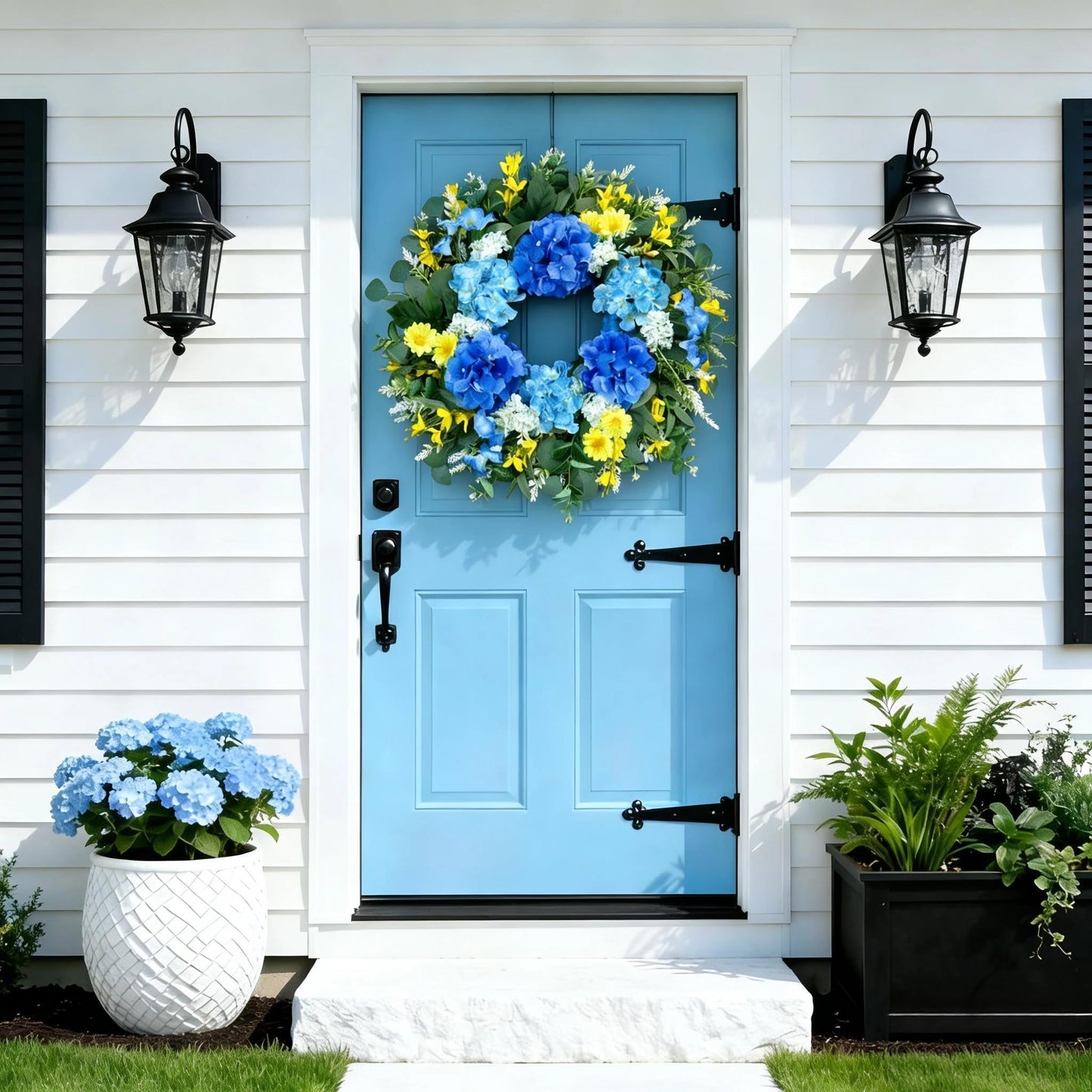 26 Inch Spring Wreaths for Front Door Outside Large Artificial Summer Wreath Silk Hydrangea Wreath with Yellow Daisy and Eucalyptus Leaves Indoor Outdoor Porch Rustic Farmhouse Home Wall Wedding Decor