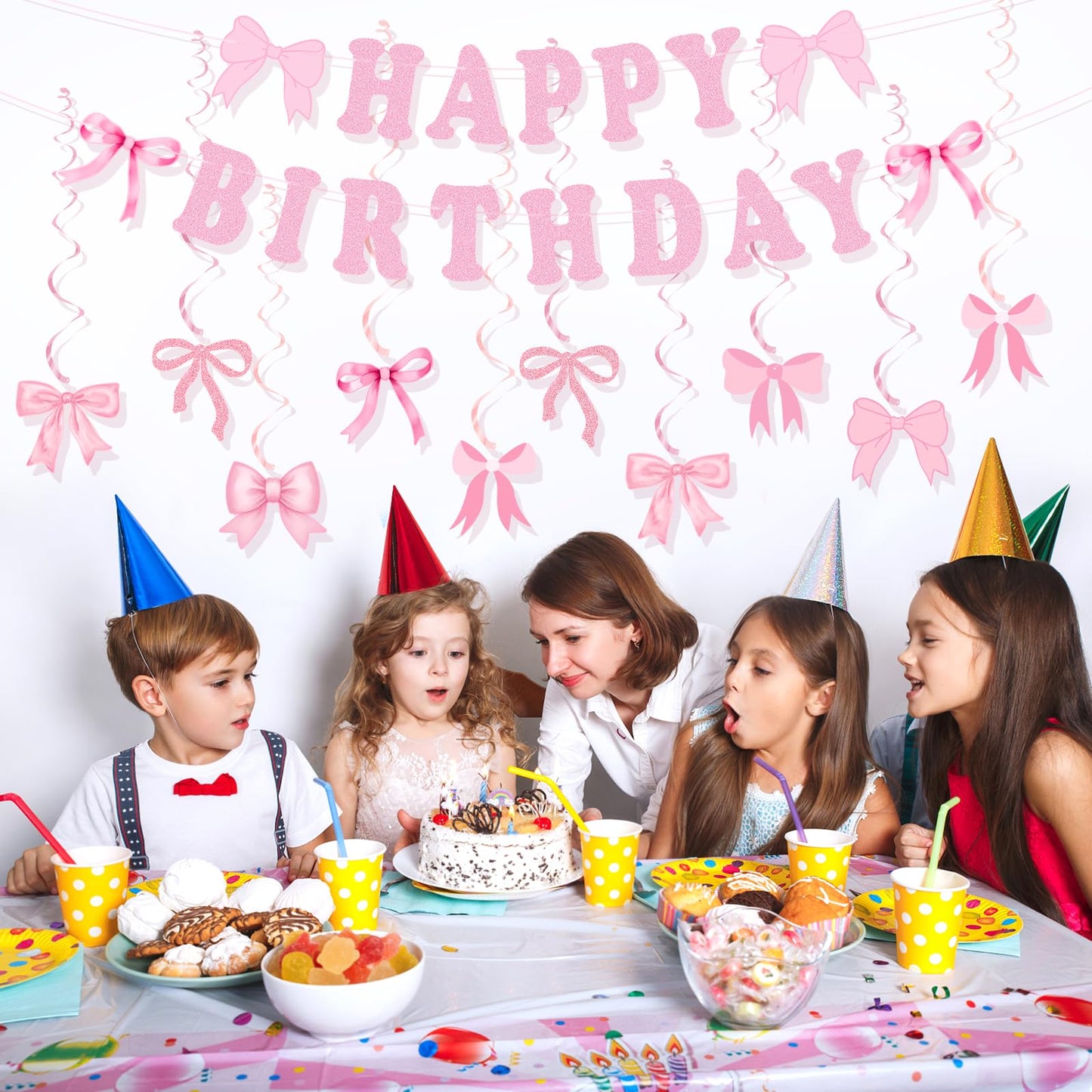 Bow Birthday Party Decorations, Cute Pink Bow Birthday Banner Bows Party Hanging Swirls Set for Women Girls Bows Party Decorations, Baby Shower Party Decor Supplies